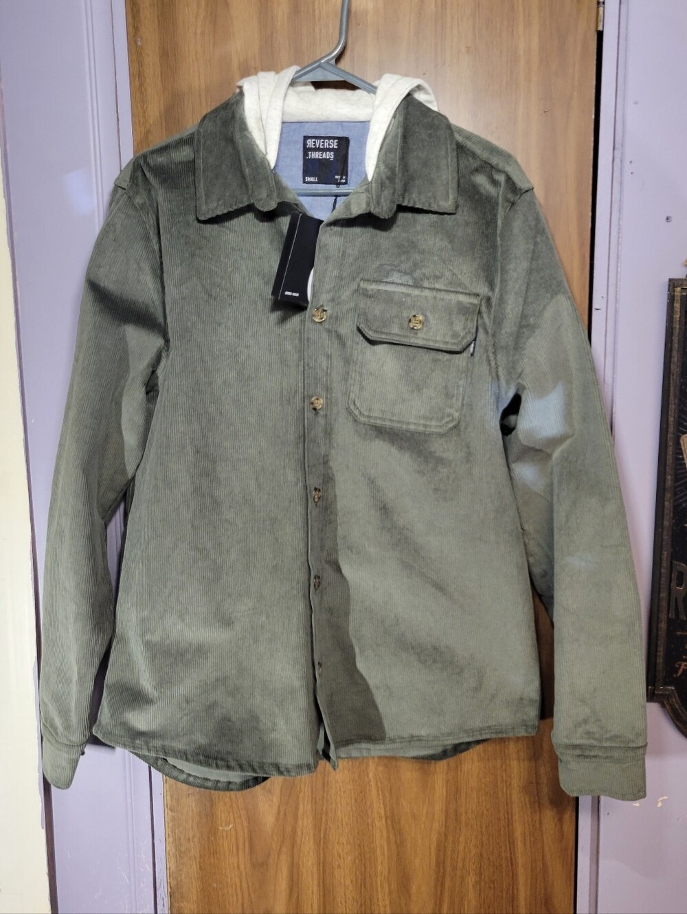 Reverse Threads Men's small Olive Corduroy Hooded Shacket